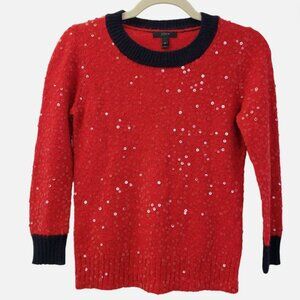 J. Crew Red Sequin Sweater with Navy Trim
